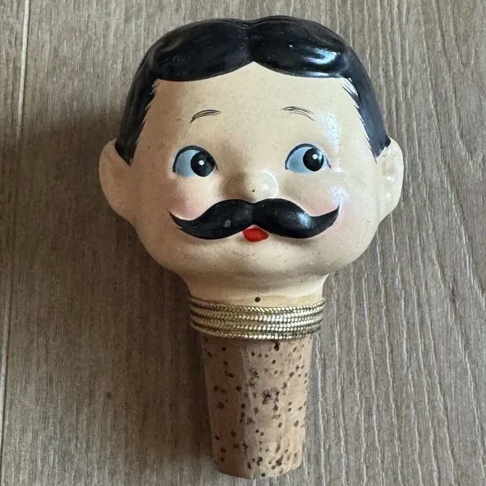 Vintage 60s Set Of 4 Enesco Japan Ceramic Heads Bottle Stoppers Corks